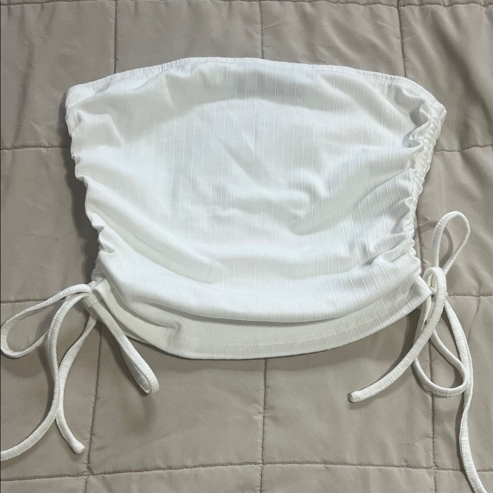 White Fox Boutique Side Tie Ruched Ribbed Crop Strapless Tube Top Medium